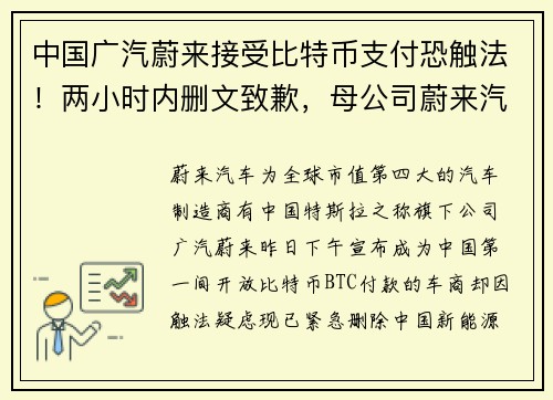 中国广汽蔚来接受比特币支付恐触法！两小时内删文致歉，母公司蔚来汽车急切割